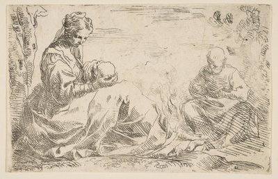 エジプトへのフライトで休憩し、メアリーが聖キリストを抱きながら幼児のキリストを見つめている。 1637。 作： Simone Cantarini