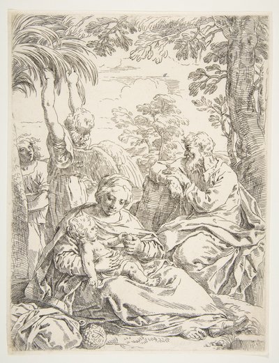 エジプトへのフライトで休んでいる聖家族1637-1639。 作： Simone Cantarini