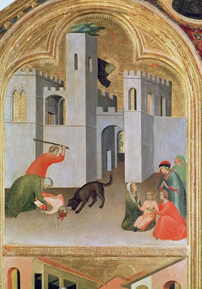 アゴスティーノ・ノヴェッラ 犬に噛まれた子供を救う、祝福されたアゴスティーノ・ノヴェッロの祭壇画、1328年頃（パネルのテンペラ）の詳細 作： Simone Martini