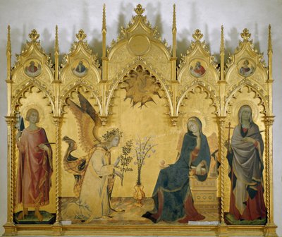 受胎告知（聖ユディット、聖アンサノと共に） - 木にテンペラ 作： Simone Martini