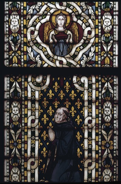 モンテフィオーレのジェンティル枢機卿（Gentile Partino da Montefiore, Gentilis of Monteflorum, ca. 1240-1312）が跪く - シモーネ・マルティーニ（ca. 1284-1344）によるステンドグラス、cm.570x400.アッシジの聖フランチェスコ聖堂、下部教会、聖ルイの礼拝堂、アッシジ 作： Simone Martini