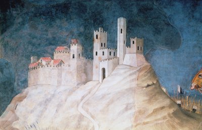 1328年、マッパモンドサラからのモンテマシ要塞の詳細である、モンテマッシ包囲でのギドリッチョダフォリアーノの記念碑 作： Simone Martini