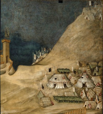 1328年、モンテマッシ城を攻略した際のグイド・リッチョ・ダ・フォリアーノの背後にある軍営の詳細（フレスコ画 作： Simone Martini
