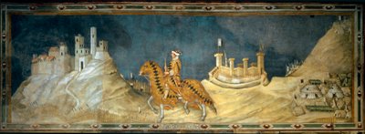 Guidoriccio da Fogliano. 1328年にマレンマ（Maremma）のモンテマッシ城を攻略した際の、シエナ軍の司令官（コンドッティエロ）Guido Riccio da Fogliano（1352年没）の表現。シモーネ・マルティーニ（1280-1344）による絵画 作： Simone Martini