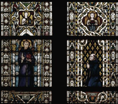 パドヴァの聖アンソニー（1195-1231）とモンテフィオーレ枢機卿（Gentile Partino da Montefiore, Gentilis of Monteflorum, ca. 1240-1312）の跪き（パドヴァの聖アンソニーとGentile da Montefiore） - シモーネ・マルティーニ（ca. 1284-1344）によるステンドグラス、cm.57 作： Simone Martini