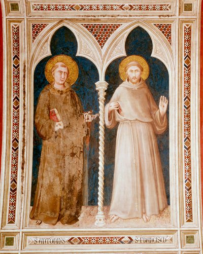 パドヴァの聖アンソニーとアッシジの聖フランチェスコ シモーネ・マルティーニ（1284～1344年頃）のフレスコ画 薄さ215x185cm アッシジ、サン・フランチェスコ聖堂、下部教会 イタリア 作： Simone Martini