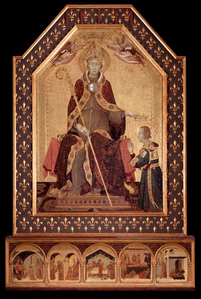 アンジュー（トゥールーズ）の聖ルイがナポリのロバート1世（1277～1343）を戴く シモーネ・マルティーニ（1284～1344年頃）の絵画 1317年 薄暗い 200x138 cm ナポリ、カポディモンテ美術館、 inv Q 34 作： Simone Martini