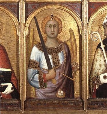 聖ミカエル、SSジェミニアヌス、ミカエル、アウグスティヌスの祭壇画より 1319年頃（パネルに金と銀のテンペラ）（58835の詳細 作： Simone Martini