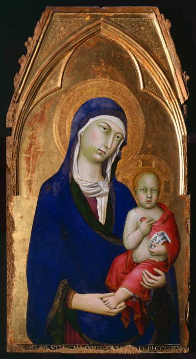 マドンナと子供、聖ドミニクの祭壇画の詳細、シモーネ・マルティーニ（1283-1344）作、木製パネルにテンペラと金 作： Simone Martini
