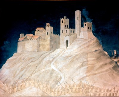 1328年、マレンマ(Maremma)のモンテマッシ城の眺め。シモーネ・マルティーニ（1284年頃〜1344年）によるフレスコ画 作： Simone Martini