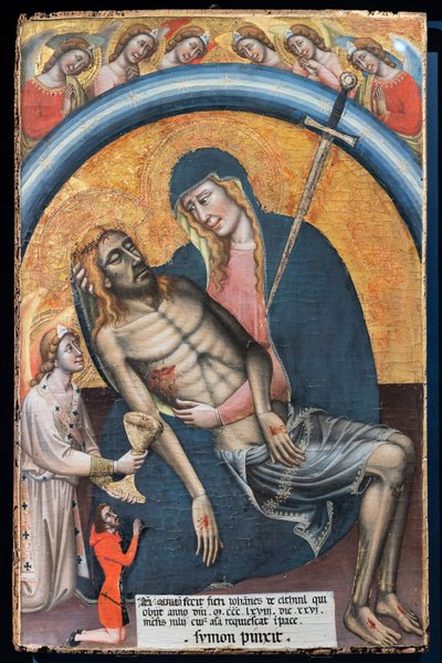 シモーネ・デイ・クロチフィッシ作、クライアント、イオハネス・デ・エルティンルとの死んだキリストの嘆き、c。 1368. 処女は、心に剣を持った悲しみの聖母として表されます。 作： Simone dei Crocifissi