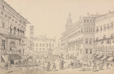 チロルとイタリアの 30 のビューのアルバム: 1840 年 11 月 12 日、ボローニャの広場、大聖堂、教皇特使の宮殿 作： Sir Charles D
