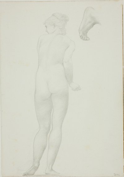 立っている裸の女性の背面図と足のスケッチ 作： Sir Edward Burne Jones