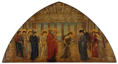 キューピッドとプシュケ - 宮殿の緑の壁画 - オリンパスの門に入るプシュケ、1881年。 作： Sir Edward Coley Burne Jones