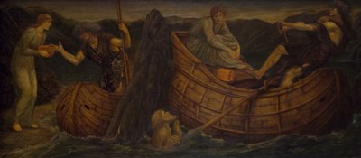 キューピッドとプシュケ - 宮殿の緑の壁画 - 1881 年、ステュクスの渡し守にコインを渡すプシュケ。 作： Sir Edward Coley Burne Jones