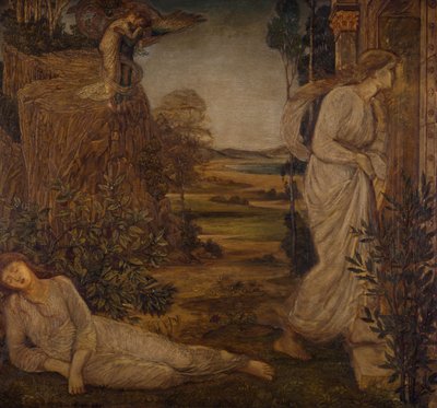キューピッドとプシュケ - 宮殿の緑の壁画 - 山にプシュケを抱くゼフィルス、1881年。 作： Sir Edward Coley Burne Jones
