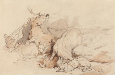 シカを攻撃する猟犬とハンター 作： Sir Edwin Henry Landseer