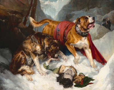 苦しめられた旅行者を生き返らせるアルパイン・マスティフ 作： Sir Edwin Landseer