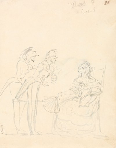 座っている女性に話しかける 2 人の紳士 作： Sir John Everett Millais