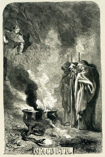 爆破ヒースの魔女を訪ねるマクベス、1858 作： Sir John Gilbert