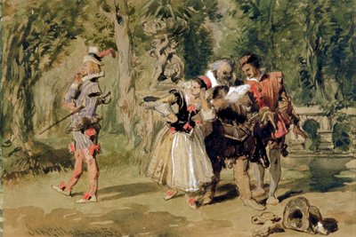 「サー・アンドリュー・アゲチークが挑戦状を書く」、1859 年。 作： Sir John Gilbert