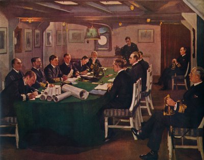 「フォアキャビン、H.M.S. エリザベス女王、ロサイス、1918 年 11 月 16 日、1935 年 作： Sir John Lavery