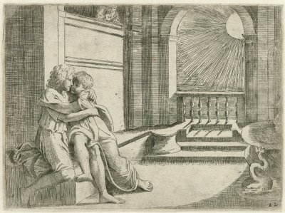 Abimelech ziet Isaak Rebekkaliefkozen Bijbelse シーン (シリーズ タイトル) Historia del Testamento Vecchio / Raffaelle di Urbin (...) によってバチカンのローマで描かれました (シリーズ タイトル) 作： Sisto Badalocchio