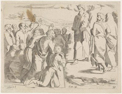 モーセは人々に律法の表を示します 聖書の場面（シリーズタイトル） Historia del Testamento Vecchio / Dipinta in Roma nel Vaticano da Raffaelle di Urbino (...) (シリーズタイトル) 作： Sisto Badalocchio