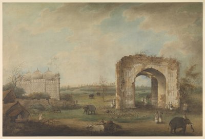 Motijhilのモスクと門の眺め、1814〜23年頃（紙に不透明な水彩画） 作： Sita Ram (attr. to)