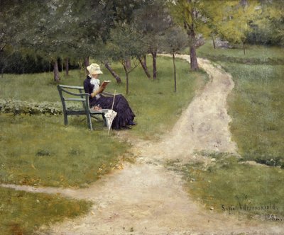 ベンチで読書する女性（キャンバスに油彩） 作： Sofie Thomesen Werenskiold