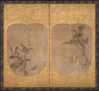 17 世紀半ば、木の下に道教の聖者、枝にタカがいる。 作： Soga Nichokuan