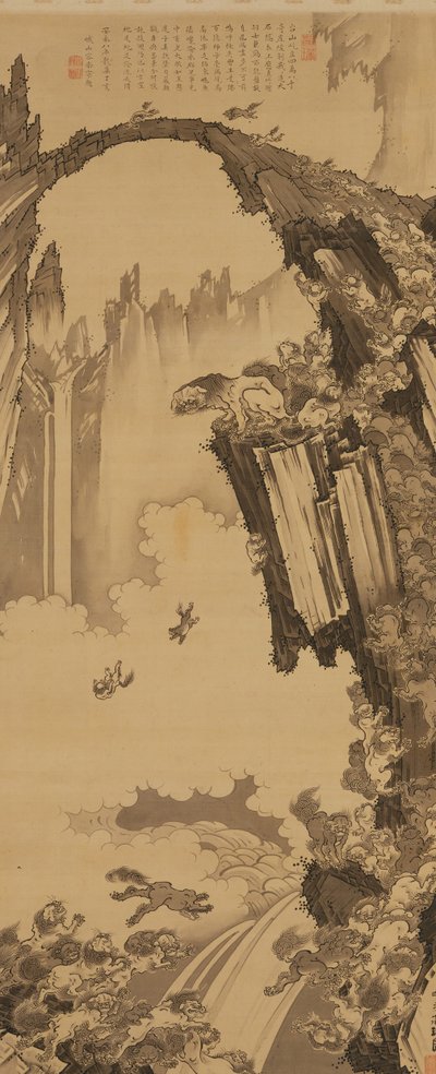 天台山の石橋にいるライオン、1779年。 作： Soga Shohaku