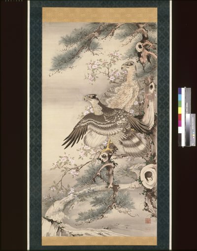 枝と花を持つタカのペア（シルクにインク、色、金） 作： Soga Shohaku