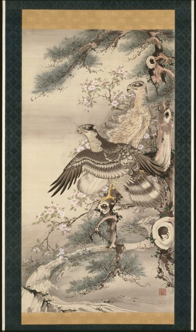 鷹と枝と花のペア 作： Soga Shohaku
