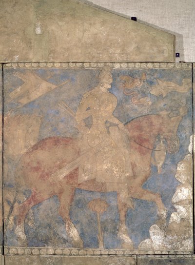 8世紀前半のペンジケントの英雄的ロスタム（漆喰の壁画） 作： Soghdian