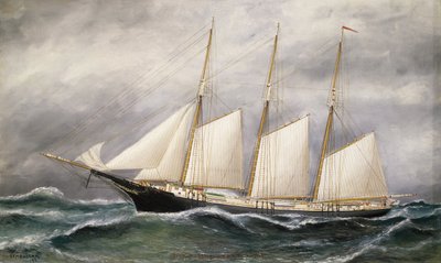 1891年、ボストン（米国マサチューセッツ州）でニューポート（米国ロードアイランド州）の石炭商のために進水したスクーナー船「ロバート・イングル・カーター号」。 作： Solon Francis Montecello Badger