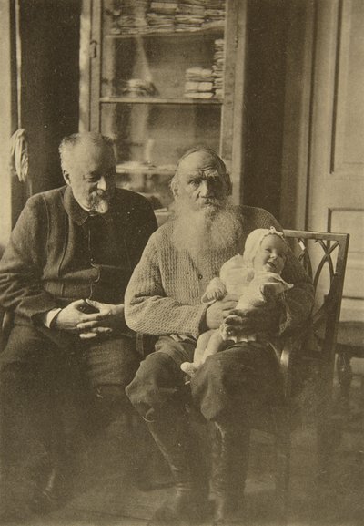 ロシアの作家レオトルストイと義理の息子で孫娘のロシア、c1905-c1906 作： Sophia Andreevna Tolstaya