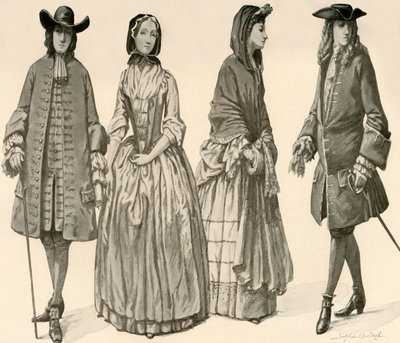 チャールズ2世、ジェームズ2世、ウィリアムとメアリーの統治時代の服1682-1700、1903、1937。 作： Sophie B. Steel
