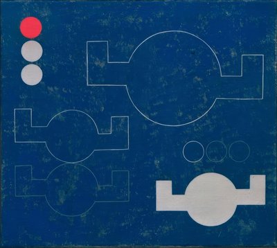 線と平面に腕を組んだ角のある円で構成 作： Sophie Taeuber Arp