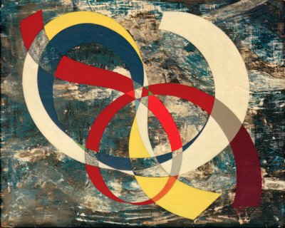 カオスの背景に色鮮やかな結び目 作： Sophie Taeuber Arp