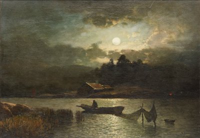 月明かりの網で釣り（キャンバスに油彩） 作： Sophus Jacobsen
