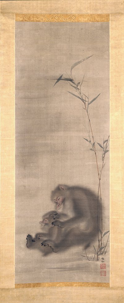 猿の毛づくろいの子孫（シルクにインクと色） 作： Sosen Mori