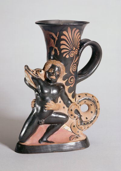 ヌビア、ギリシャ、紀元前350年頃（粘土）を攻撃するワニを描いた赤像の角形のライトン 作： Sotades