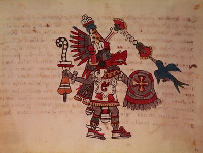 ケツァルコアトル、羽毛のある蛇、風の神、学問と聖職者、人生の達人、創造者であり文明人、あらゆる芸術の守護者であり、冶金学（ベラム）の発明者 作： South American School