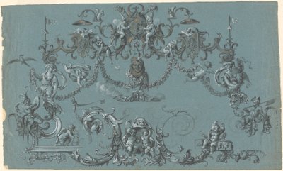 はしゃぐプッティ、動物、道化師のアラベスク 作： South German 18th Century