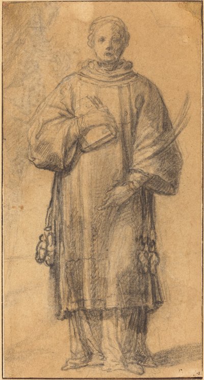 本とヤシの葉を持って立っている聖人 作： Spanish 17th Century