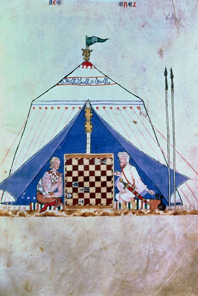 「Book of Games, Chess, Dice and Boards」より、テントでチェスをするムーア人とキリスト教徒 作： Spanish School
