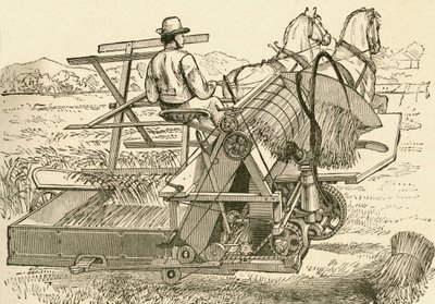 Uma máquina de colheita, puxada por cavalos, que amarrava as roldanas de milho mecanicamente, usada no final do século XIX. De El Museo Popular publicado Madrid 作： Spanish School