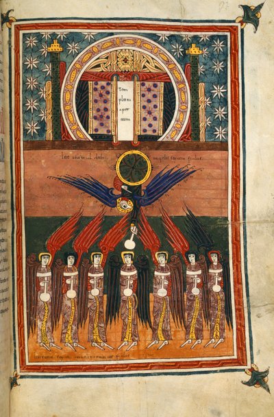 追加。 11695, f.172 バイアルを持った 7 人の疫病の天使が聖域から出てきます。 サイロの黙示録から 作： Spanish School