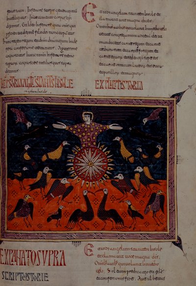 追加 11695 fol.197 サント・ドミンゴ・デ・シロスのベアトゥスの黙示録より、太陽の下に立つ天使 作： Spanish School